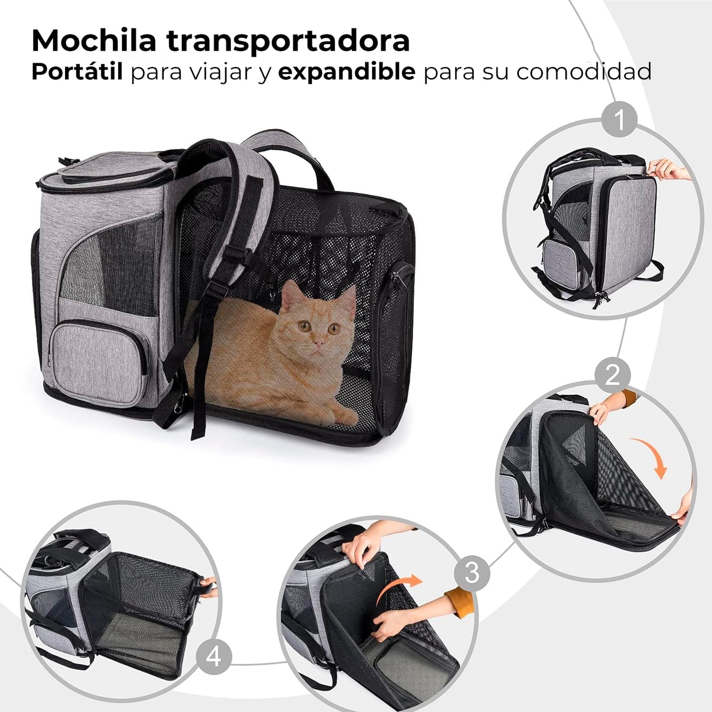 Mochila transportadora de perro o gato expandible (Gris)
