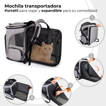 Mochila transportadora de perro o gato expandible (Gris)